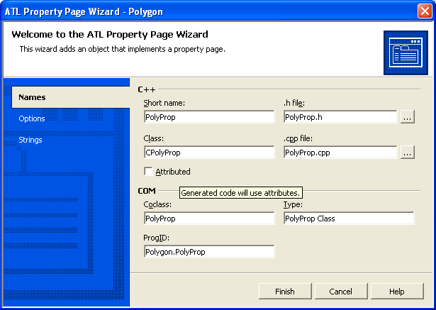 Figure 33: ATL Property Page Wizard, Names page.