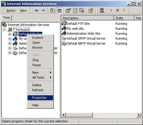 IIS, FTP Server and Windows - Figure 2: Invoking the FTP properties page through context menu.