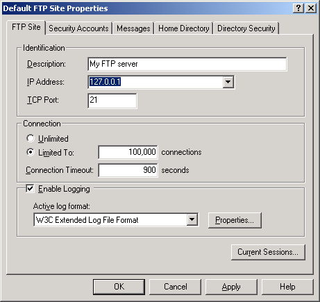 IIS, FTP Server and Windows - Figure 3: FTP Site properties page.