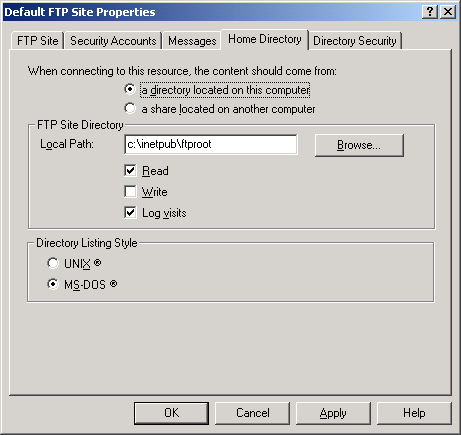 IIS, FTP Server and Windows - Figure 6: FTP Site’s Home Directory page.