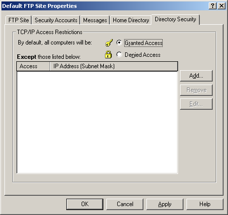 IIS, FTP Server and Windows - Figure 7: FTP Site’s Directory Security page.
