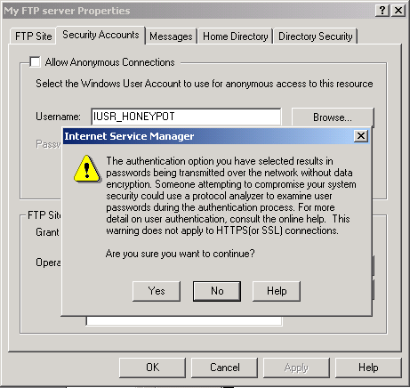 IIS, FTP Server and Windows - Figure 14: Dialog prompt for the unencrypted data transmission of the authenticated FTP access.