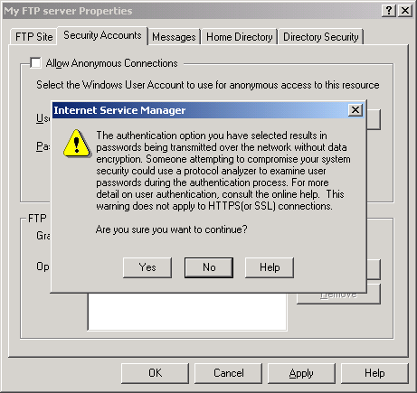 IIS, FTP Server and Windows - Figure 16: Dialog prompt for the unencrypted data transmission of the authenticated FTP access.