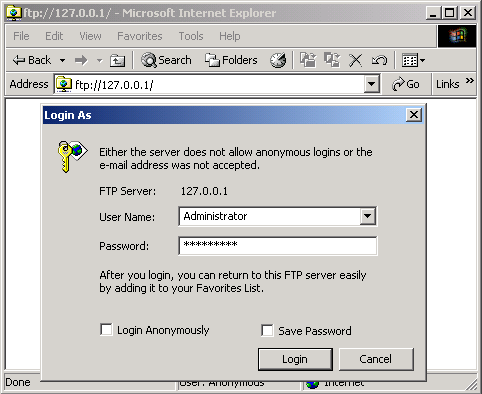IIS, FTP Server and Windows - Figure 17: Accessing the FTP server that needs a username and password.