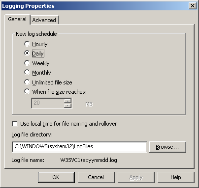 IIS, Web Server and Windows - Figure 19: General options of the Logging Properties page.