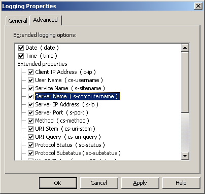 IIS, Web Server and Windows - Figure 20: Advanced options of the Logging Properties page.