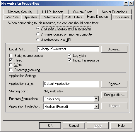 IIS, Web Server and Windows - Figure 23: Web site’s Home Directory page.