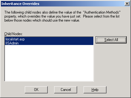 IIS, Web Server and Windows - Figure 27: Inheritance Overrides prompt dialog.