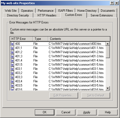 IIS, Web Server and Windows - Figure 37: Web site’s Custom Errors page, viewing/editing the standard and custom HTTP error pages.