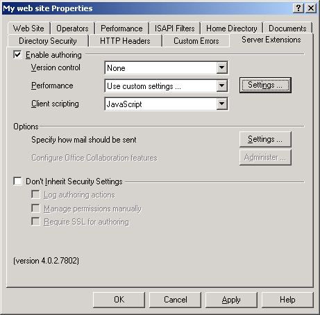 IIS, Web Server and Windows - Figure 38: Web site’s Server Extensions page.
