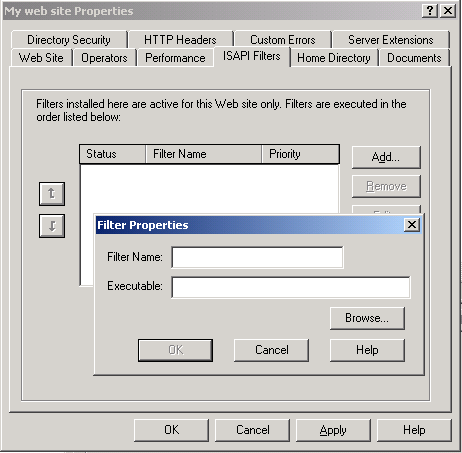 IIS, Web Server and Windows - Figure 41: Entering filter name and their respective executable if any.