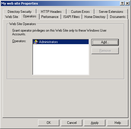 IIS, Web Server and Windows - Figure 43: Web site’s Operators page.