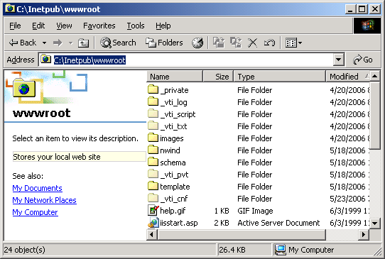 IIS, Web Server and Windows - Figure 44: The default physical web pages location, C:\Inetpub\wwwroot.
