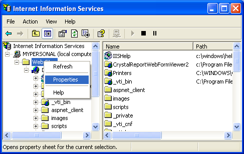 IIS, Web Server and Windows - Figure 49: Invoking the root Web Site directory (global) property page.