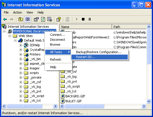IIS, Web Server and Windows - Figure 50: Restarting the IIS through the context menu of the IIS.