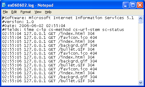 IIS, Web Server and Windows - Figure 22: The content of the web server log file open in Notepad.