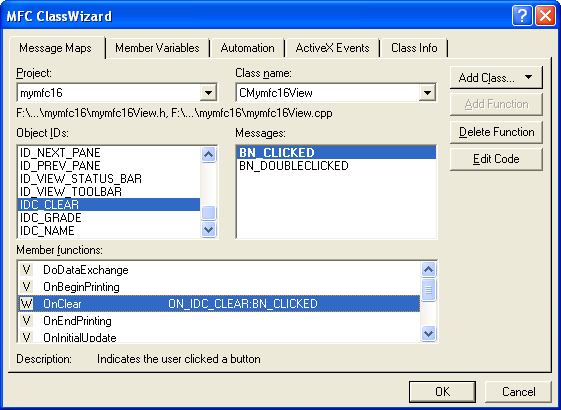 Mapping the CMymfc16View Clear pushbutton notification message.
