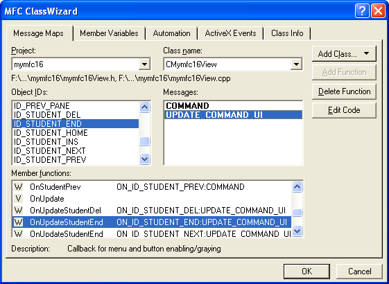 Message mapping of the commands and their UI handler functions.