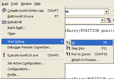 Running MYMFC16 program from the debugger.
