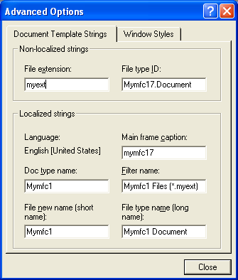 Setting the File extension for MYMFC17 project, in the step 4 of 6 AppWizard.