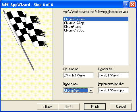 AppWizard step 6 of 6 for MYMFC17 project.