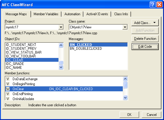 Message mapping for IDC_ CLEAR.