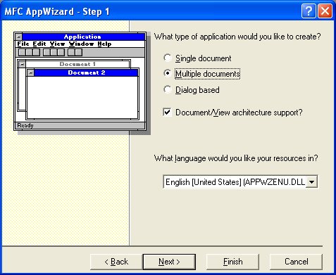 AppWizard step 1 of 6 for MYMFC18 project, selecting Multiple documents.