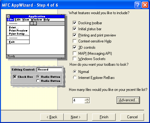 AppWizard step 4 of 6 for MYMFC18 project, setting the Advanced options.