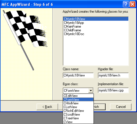 AppWizard step 6 of 6 for MYMFC18 project, selecting CFormView for the view base class.