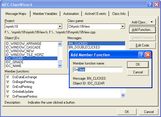 Mapping the CMymfc18View Clear pushbutton notification message.