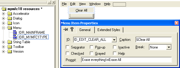 Adding and modifying Clear All menu properties.