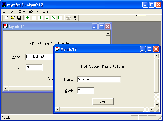 MYMFC18’s MDI program output with serialization in action.