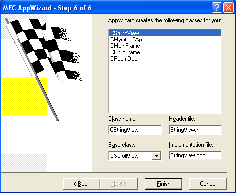 AppWizard step 6 of 6, renaming the files and selecting CScrollView as a view base class.