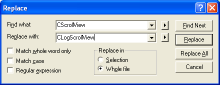 Using find and replace to replace all occurrences of CScrollView with CLogScrollView.