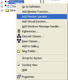 Using ClassView to add a CStringArray data member to the CPoemDoc class.