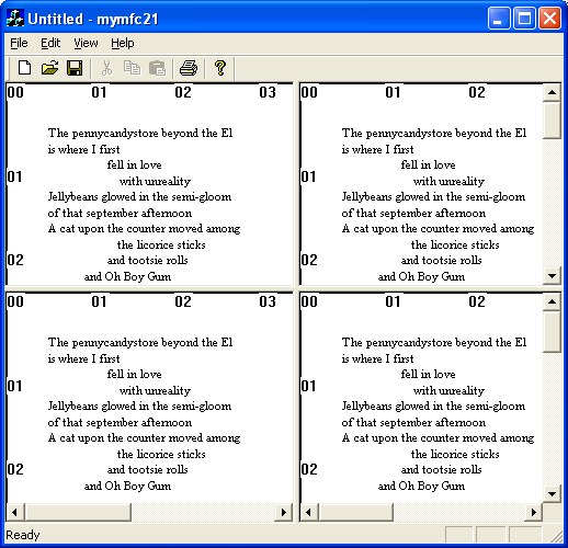 MYMFC21 output, a single view window with a four-way split.
