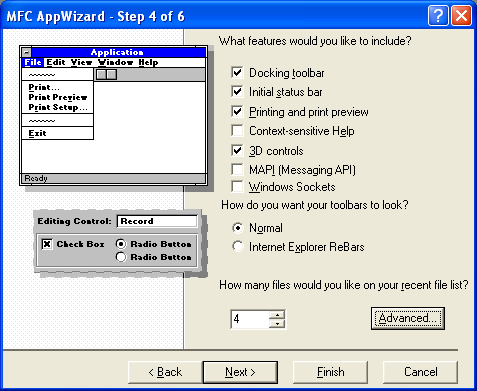 Step 4 of 6 AppWizard for MYMFC21B, invoking the Advanced options.