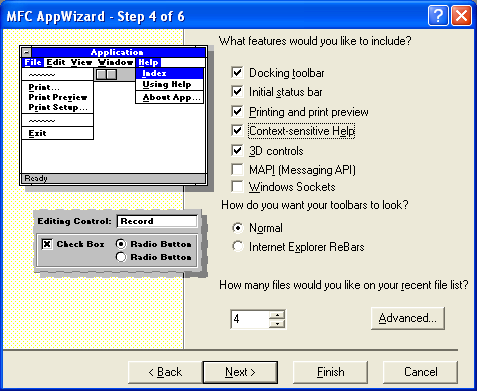 MYMFC21D step 4 of 6 AppWizard. Don’t forget to tick the Context-sensitive Help; this option will be used in the next module’s project.
