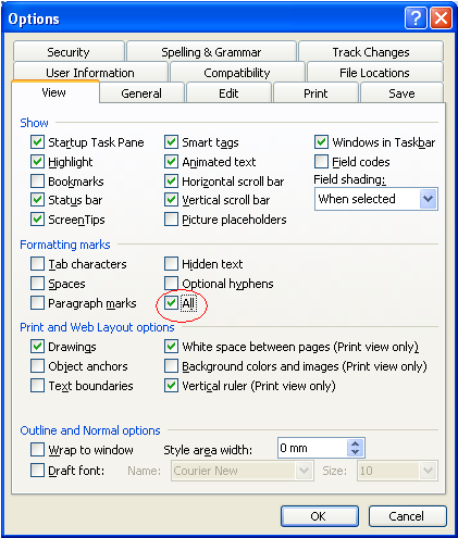 Enabling the Word’s Show/Hide view option.