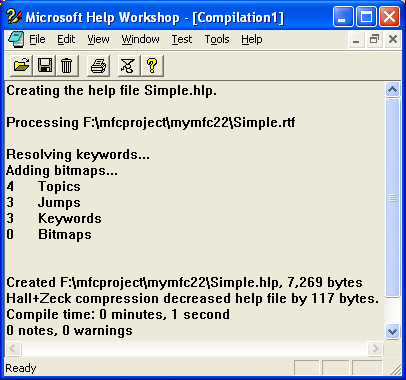 Compiled Simple.hpj file generating Simple.hlp file.