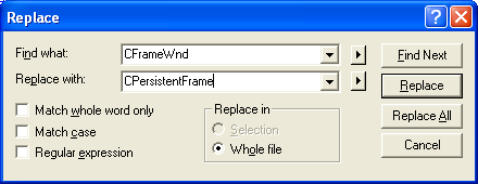 Replacing all the CFrameWnd with CPersistentFrame in MainFrm.h and MainFrm.cpp files.
