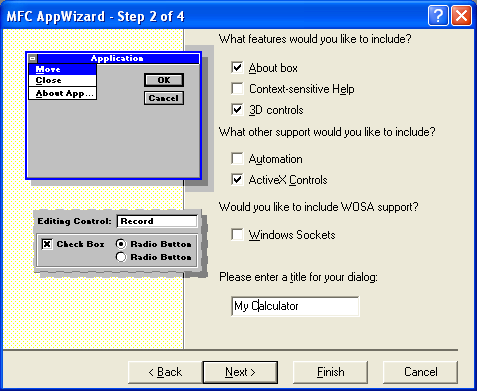 Step 2 of 4 AppWizard, dialog based MFC program, entering the dialog’s title.