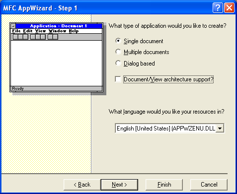 AppWizard step 1, SDI project without Document/View architecture support.