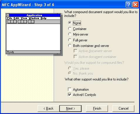AppWizard step 3 of 6, enabling ActiveX control option.