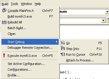 Visual C++ Debugging menu