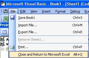 Figure 6: Closing the Visual Basic Editor and back to Excel.