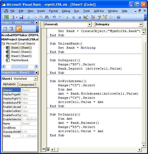 Figure 37: Excel (client) macro code for MYMFC29A (component) testing purpose.