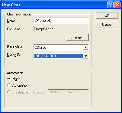 Figure 53: Adding CPromptDlg class, a new class.