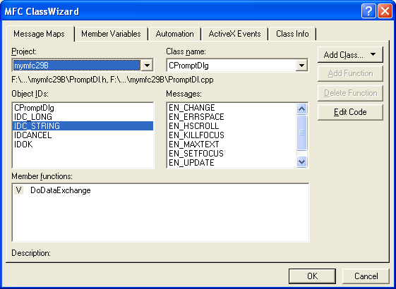 Figure 54: The added CPromptDlg class to ClassWizard database.
