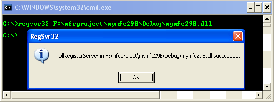 Figure 63: Registering mymfc29B.dll using regsvr32 at command prompt.